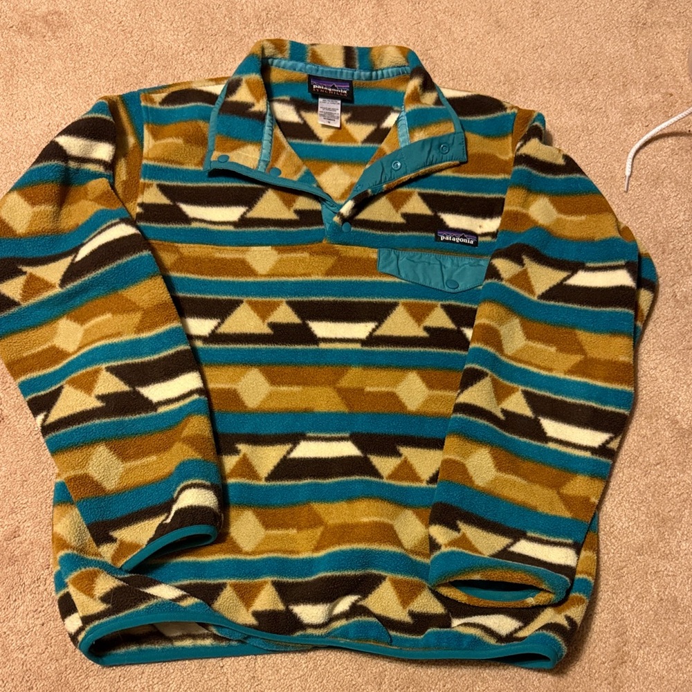 Patagonia Teal, Mustard & Brown Patterned Fleece Pullover